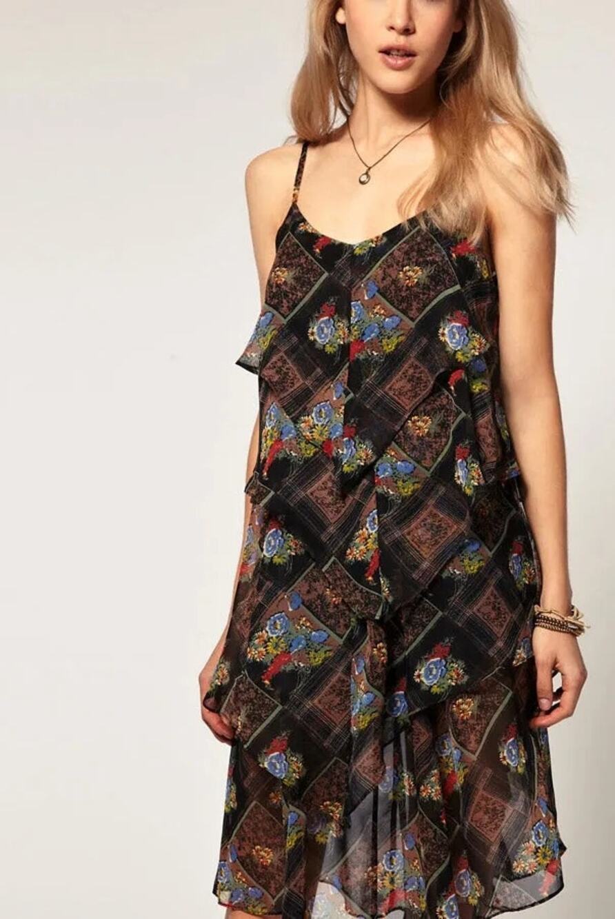 Free People Dress SZ 6 Daisy Chain Floral Plaid Chiffon Tiered Ruffle Sheer Boho